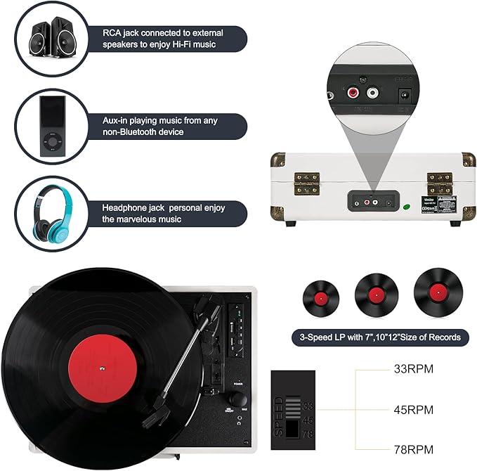 Vinyl Record Player with Bluetooth and Built-in Speakers, 3-Speed Portable Turntable for Vinyl Records, Retro Suitcase Design, USB Recording, Includes Extra Stylus, Ideal for Beginners(White)-Vinilos