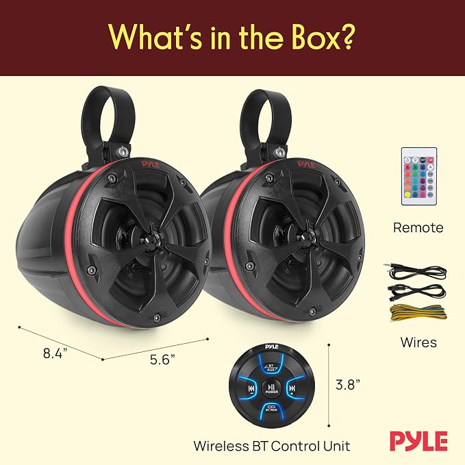 Pyle 2-Way Waterproof Off Road Speakers - 4" 800W Active Passive Marine Grade Wakeboard Tower RGB Speakers System w/Bluetooth Controller, Full Range Stereo Speaker for ATV/UTV Jeep Boat PLUTV48KBTR