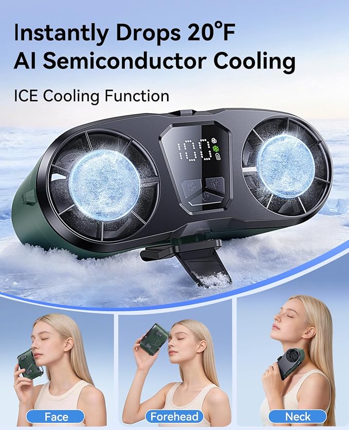 KIMMOO Dual-Motor Rechargeable Waist Fan with Ice Cooling, 25000 RPM High-Speed Neck Belt Clip-on Fan with 10 Gears, LED Display & Flashlight, Hands-Free Personal Fan for Work Outdoor Travel, Green