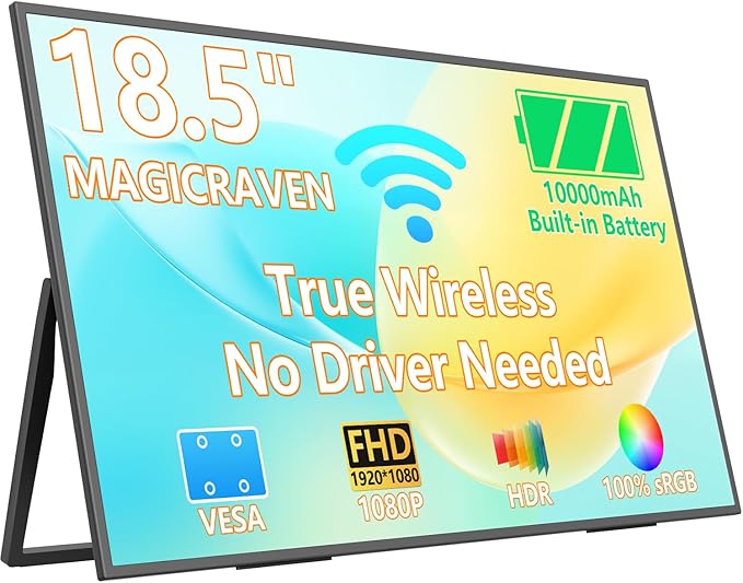 MAGICRAVEN Wireless Portable Monitor for Laptop, 18.5" Portable Monitor with Battery-1080P FHD Second Screen for Home & Office, AirPlay & Miracast Casting, No Cables or Drivers Needed