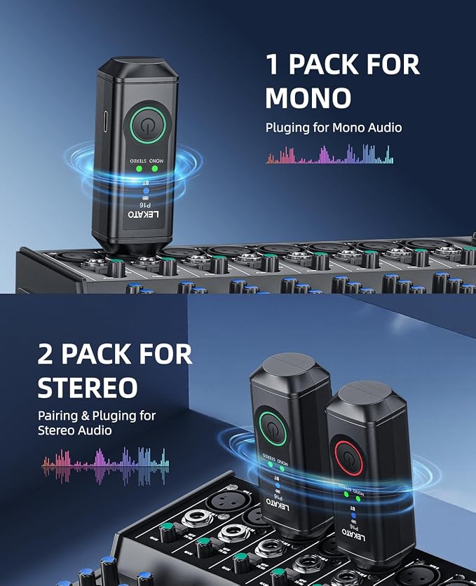 LEKATO XLR Bluetooth Receiver, BT 5.3, 48kHz/24bit, Wireless Bluetooth Adapter for Mixing Console Desk, Audio Mixers, PA Speakers, DJ Systems, 165ft Range, 15H Battery Life (1 Pack for Mono)