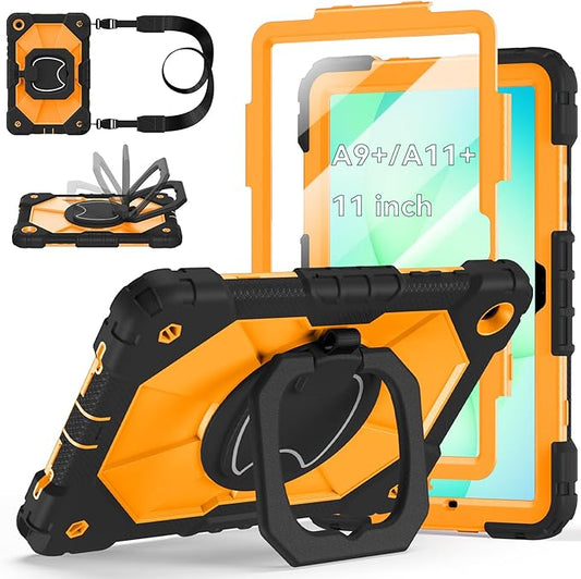 Case for Samsung Galaxy Tab A11+/A9+ Plus 11 Inch 2026/2024, Auorld Rugged Case for Samsung Galaxy A9+/A11+ Tablet with Screen Protector 360 Rotating Stand Shoulder Strap Pen Holder, Black Orange