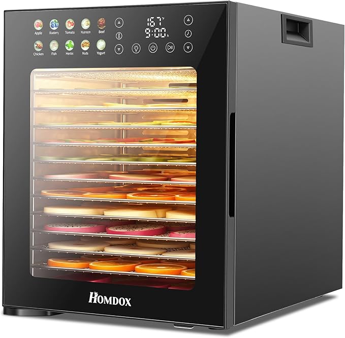 Homdox Food Dehydrator for Jerky & Fruit, 14 Stainless Steel Trays, 850W Food Dryer with 10 Presets, 48H Timer & 167°F Temperature Control, Dehydrator Machine for Herbs, Meat, Dog Treats