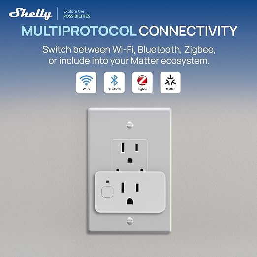 Shelly Smart Plug UL, WiFi, Bluetooth, Zigbee, Matter Outlet with Power Metering, Works with HomeKit, Google Home, Alexa, Home Assistant, Smart Socket, Easy Setup, Remote Control, Plug US Gen4 White