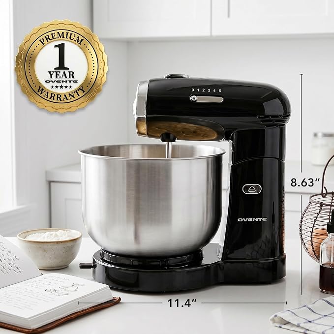 OVENTE Electric Stand Mixer with 3.5 Quarts Stainless Steel Mixing Bowl, 5 Speed Portable and Lightweight 250W Kitchen Mixer for Everyday Use, Includes 2 Egg Beater Whisk and Dough Hook Black SM680B