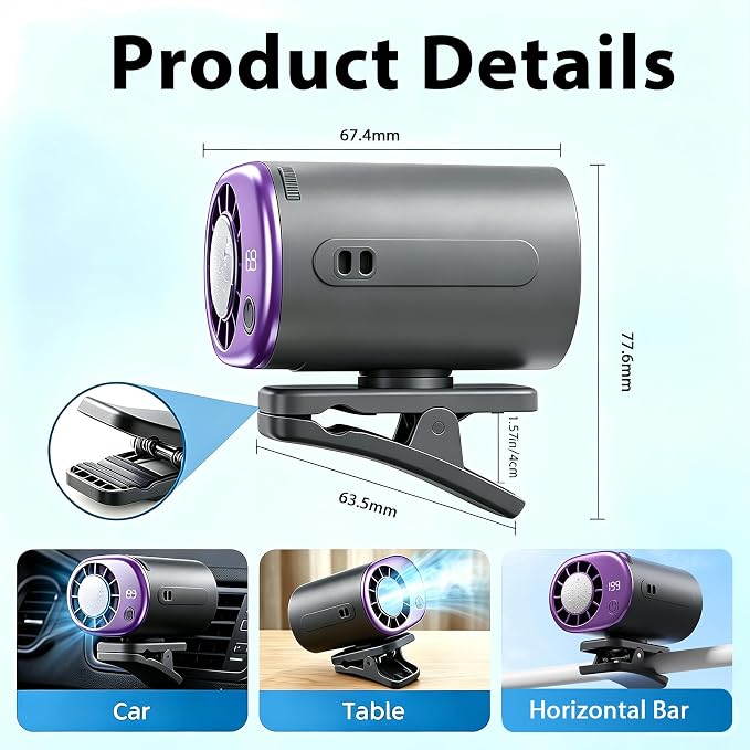 2026 Car Clip on Fan Air Conditioner Fan with Led Display - 360°Rotation, 199 Speeds Adjustable USB Rechargeable Portable Personal Cooling Fan For Car 16℃ Semi-Cooling Wide Clamp