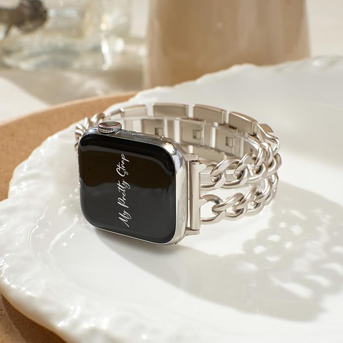My Pretty Strap - Compatible Apple Watch Band Strap, Stainless Steel Fashion iWatch Replacement Strap- Easy Resizing, No Tool Needed, Fits Most Wrists- Compatible with Series 1-11, SE and Ultra