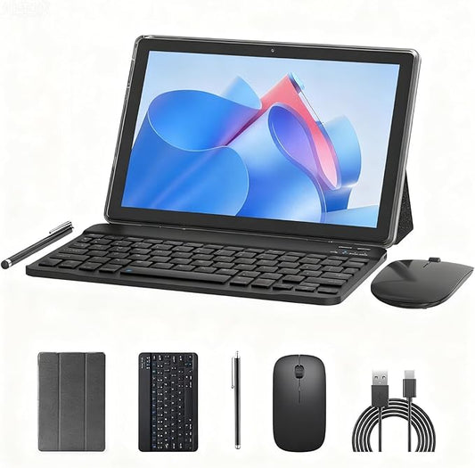 10 inch Tablet Android 15 Tablets 2 in 1 With Keyboard Case Mouse Stylus Android Tableta 8GB+64GB Support 1TB Expansion, 10.1" IPS HD Screen 2MP+8MP Dual Camera WiFi-6 Bluetooth 6000mAh Battery Tab.