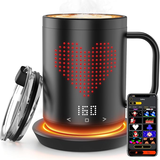 Self Heating Coffee Mug 14oz Smart Mug, App-Controlled Cordless Coffee Mug Warmer with DIY Pattern, Fast Heating-Up to 149℉ Smart Coffee Mug Warmer for Coffee|Tea|Milk&More, Gifts for Men Women