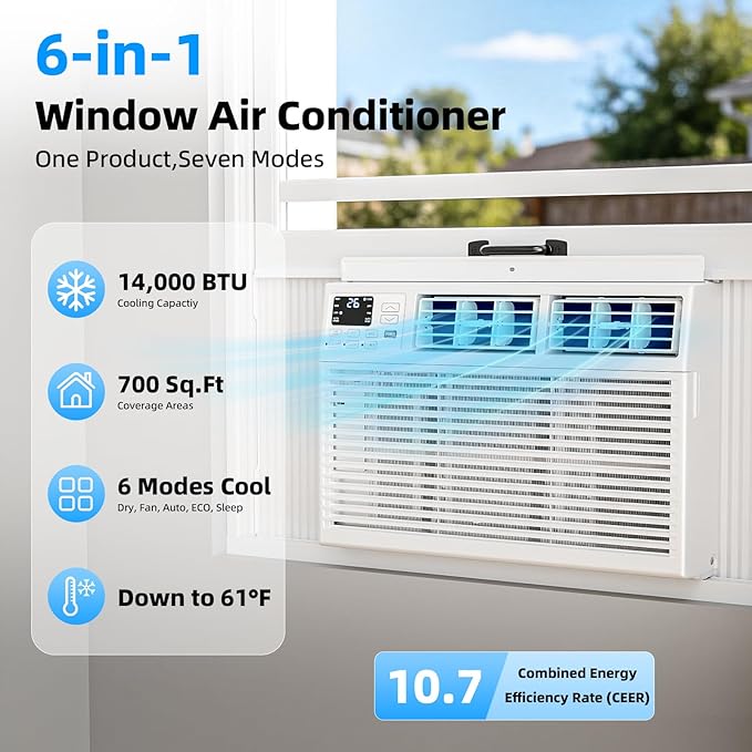 Antarctic Star 14,000 BTU Window Air Conditioner, Window AC Unit, Cools Rooms up to 700 Sq.Ft., 6 in 1 Modes Air Conditioner Window Unit with Remote Control, Easy to Install, Energy Saving, White