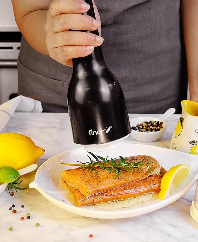 FinaMill Classic Battery Spice Mill – Battery Operated Salt and Pepper Grinder Set, Includes 2 Interchangeable Spice Pods, Adjustable Coarseness, LED Light, Home and Kitchen Gift Set for Father's Day