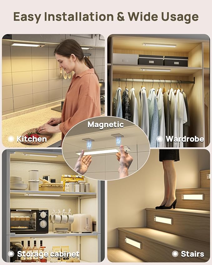 9inch Under Cabinet Lighting Wireless, Rechargeable Motion Sensor Indoor Light, 3 Color Temps & Dimmable Closet Lights with Remote, Magnetic Under Counter Light for Kitchen, Stairs, Wardrobe, 7 Pack