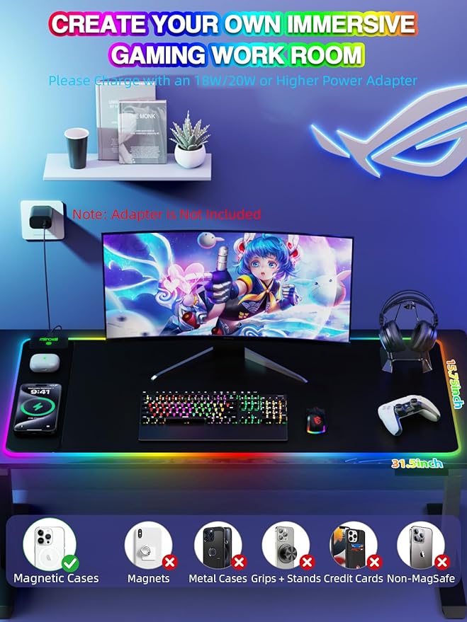 RGB Desk Mat with 15W Fast Charging, Mouse Pad Wireless Charging Large Gaming Mousepad for Desk Pad Waterproof Non-Slip