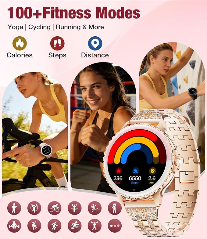 SUNKTA Smart Watch for Women (Answer/Make Call),1.27" Curved Display Smartwatch with Female Cycle/Sleep Monitor,5ATM Waterproof Fitness Tracker 100 Sport Modes Pedometer for Android/iOS,Gold Diamond