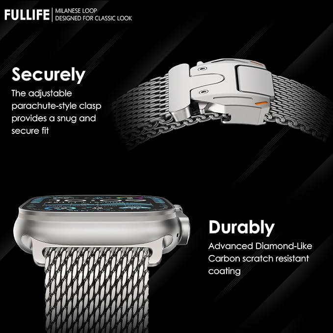 FULLIFE Milanese Mesh Loop for Apple Watch Band Apple Watch Ultra 3/2/1 Band 49mm 46mm 45mm 44mm Men Women, Stainless Steel Metal Band Parachute-style Buckle for iWatch Series 11 10 9 8 7 6 SE3 5 4 3