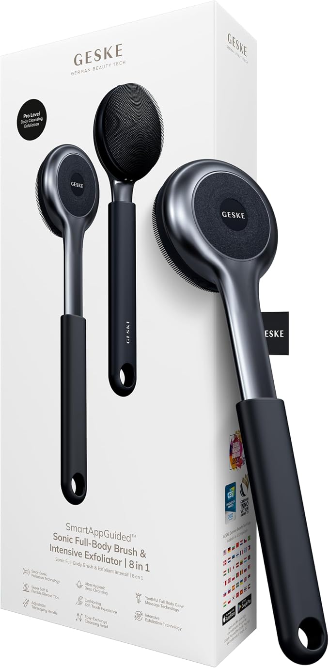 GESKE Sonic Full-Body Brush & Intensive Exfoliator | 8 in 1 | Electric Body Cleansing Brush | With SmartSonic Pulsations | Deep Cleansing, Exfoliation, Massage | Extendable Handle | Rough Skin Remover