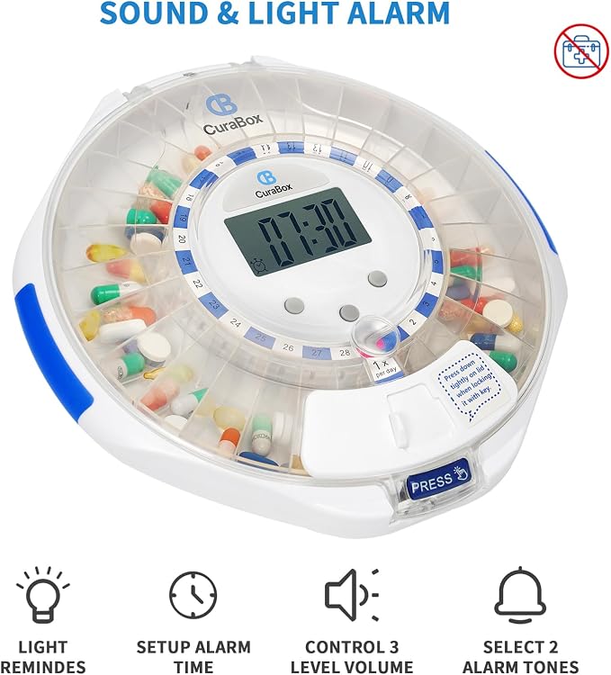 Automatic Pill Dispenser for Elderly with Alarm - 28 Day Smart Pill Box for Alzheimer’s Care, Easy-Read LCD Display, Key Locked, Alarm & Light Reminder for Medication, Vitamins, Supplements