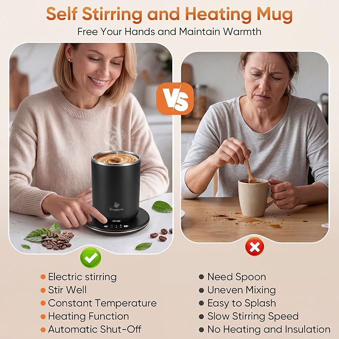 Self Stirring Coffee Mug, Self Heating Coffee Mug, Heated Cup with 3-Level Smart Temperature Control, Auto Shut-Off Electric Coffee Cup Warmer with Detachable Base, Gift for Family Friends (Black)
