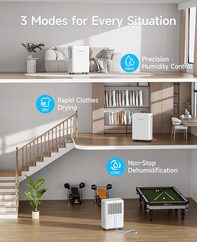 2000 Sq. Ft Dehumidifier for Basement, 30 Pint Dehumidifiers for Home, Bedroom and Bathroom, 3 Modes Dehumidifier with Drain Hose, Smart Humidity Control, 24H Timer, Child Lock