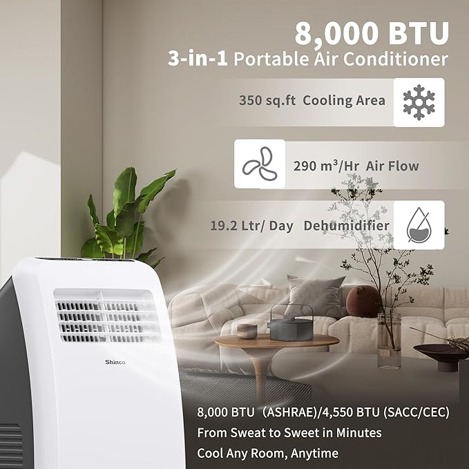 Shinco 8,000 BTU Portable Air Conditioner - 3-in-1 Cool/Dehumidifier/Fan for Rooms Up to 350 sq.ft, Remote Control & 24H Timer, Compact AC Unit for Bedroom/Office