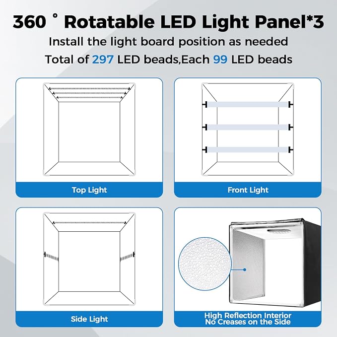 Photo Light Box, Portable 12/16/20/24/32 Inch Photo Studio Light Box, Shooting Tent Kit with 297 Light Beads and 6 Color Backdrops.Lightbox with 3 Stepless Dimming Light Boards for Studio Photography