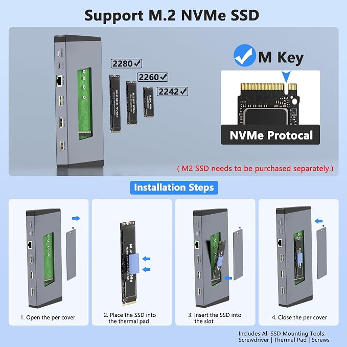 Laptop Docking Station 3 Monitors for Dell/HP/Lenovo/Mac, 15 in 1 USB C Docking Station Dual Monitor with M.2 NVMe SSD Slot, 4K@60Hz Triple Display Dock with HDMI/Displayport/PD/LAN/SD/TF/10Gbps USB