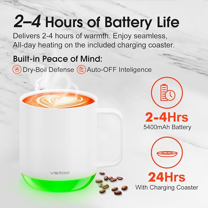 Vsitoo S6 Plus 12oz Smart Self Heating Coffee Mug, AI Auto-Sensing Heated Espresso Mug Temp Control 120-150℉, Rechargeable Mug Warmer with Music LED, IPX7 Gift for Women Men- White