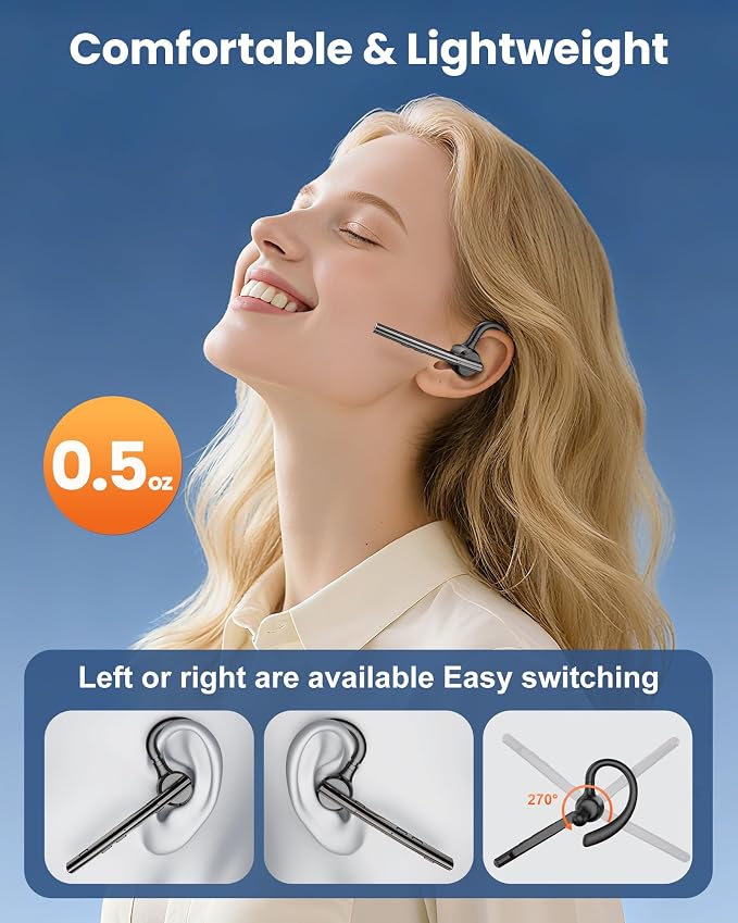 New Bee Bluetooth Headset V5.1 72H Talk Time Dual Mic with Mute Button for Business, Wireless Hand-Free Bluetooth Earpiece with 500mAh Charging Case for Cell Phone Calls Trucker Driver Laptop