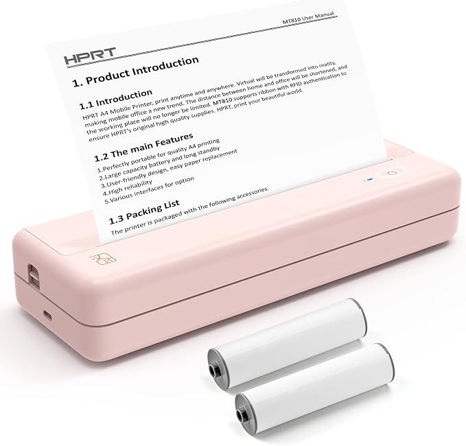HPRT Bluetooth Wireless Printers MT810 for Portable Travel - Thermal Inkless Home Use Compact Printer - Paper Rolls Mobile Printing for Car & Office