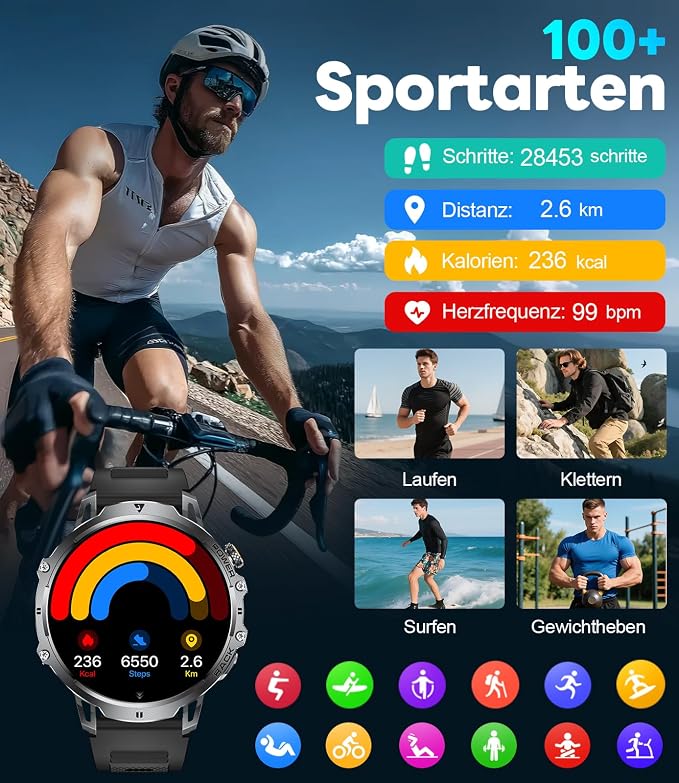 LIGE Military Smart Watches for Men(3 Bands),1000mAh/1.85" HD Large Screen Smartwatch, Flashlight/110+ Sports Modes/IP68 Waterproof/Sleep Monitor, Fitness Tracker Watch for Android iOS,Jet Black