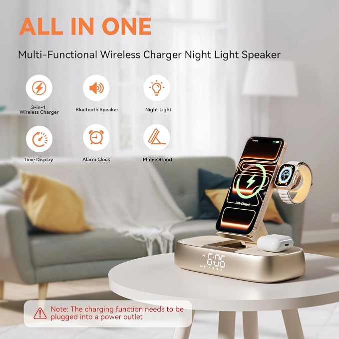 Bluetooth Speaker Alarm Clock with Wireless Charging, 15W Safe Fast Wireless Charger Station Phone Stand, 3 Level Bedside Night Light Protable Speaker, Mom Gifts Dual Digital Alarm Clocks for Bedrooms
