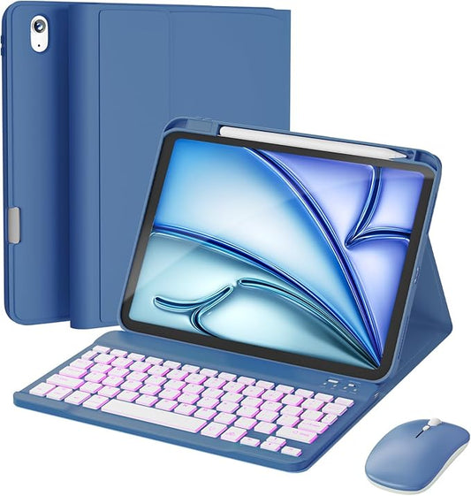 RAYMCRAFT for iPad Air 11-inch Case with Keyboard M4/M3/M2 (2026/2025/2024), Mouse and Detachable Wireless Keyboard Combo for iPad Air 5th/4th 10.9-inch, 7-Color Backlit with Pencil Holder, Steel Blue