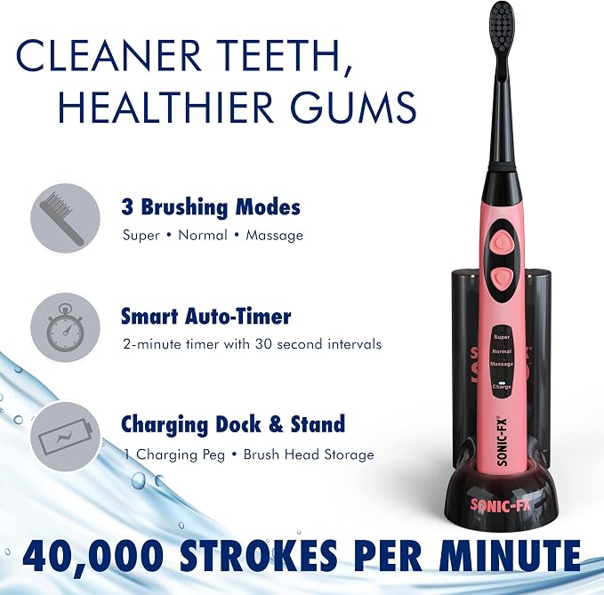 Sonic-FX Solo Electric Toothbrush - 3 Brushing Modes - with Intelligent Auto-Timer, Includes 2 Tooth Brush Heads, and 1 Interdental Head, Rechargeable, Electronic Charging/Storage Base (Coral)
