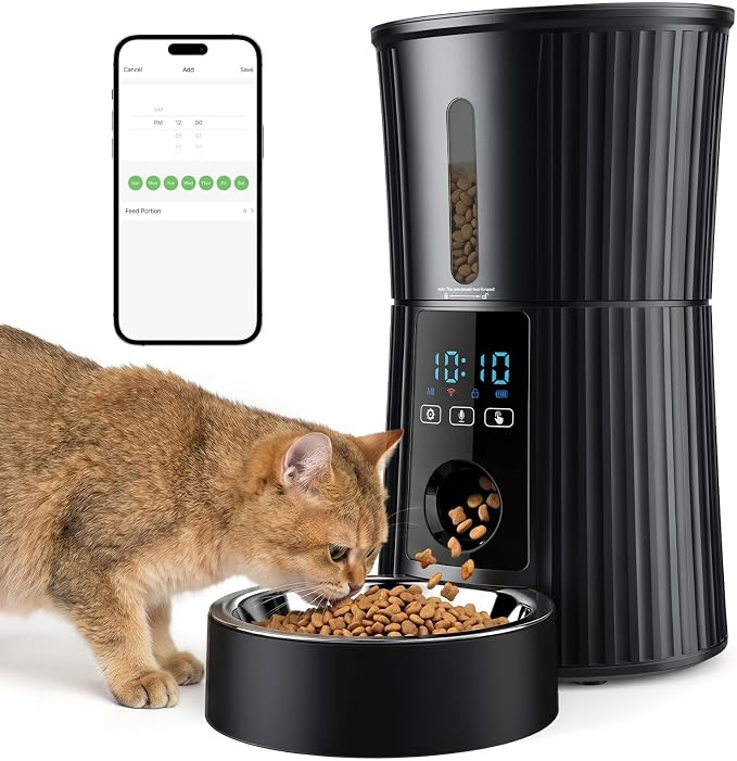 NEWBULIG 4L Automatic Cat Feeder with APP Control, 2.4G WiFi Timed Pet Feeders for Dry Food, 10 Meals/Day, 50 Portions/Meal, Dog Food Dispenser with 10s Voice Recorder, Dual Power Supply, Black