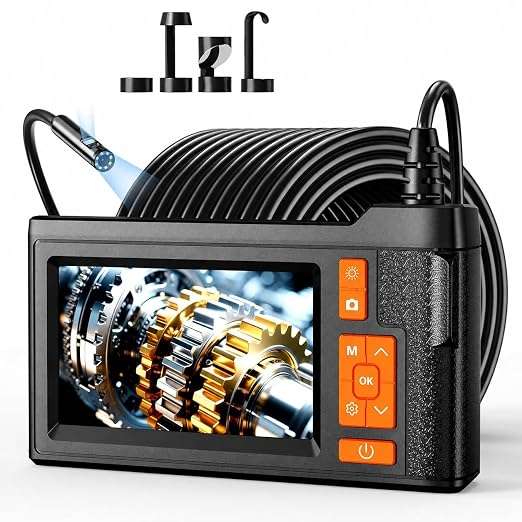 33FT Dual Lens Endoscope Camera with Light, 4.3" Borescope with Photo/Video(Built-in 32GB Card), IP67 Waterproof with 8 LED Lights, Semi-Rigid Snake Cable for Pipe, Engine & HVAC Inspection