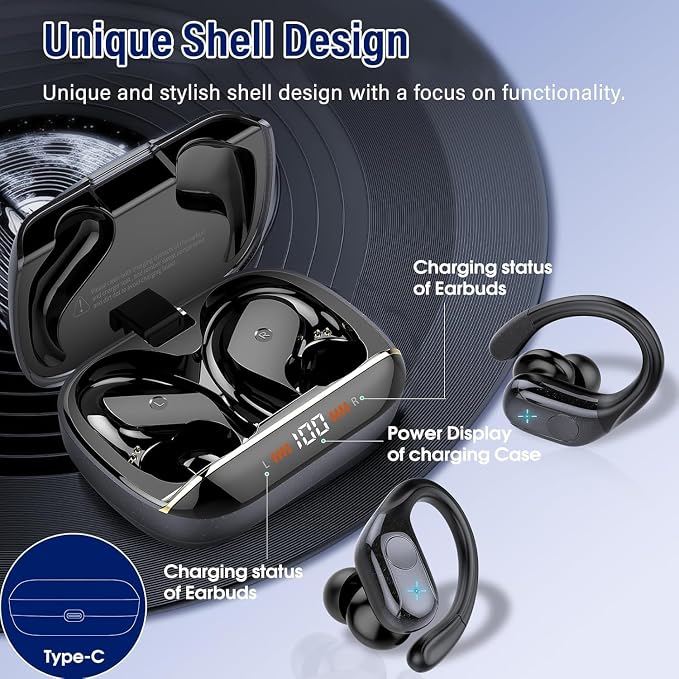 Qecnato Wireless Earbuds Bluetooth 5.4 Headphones 75H Stereo Deep Bass Sports Over Ear Buds with Earhooks, LED Display Bluetooth Earbuds with 4 ENC Mic, IP7 Waterproof Earphone for Running, Black