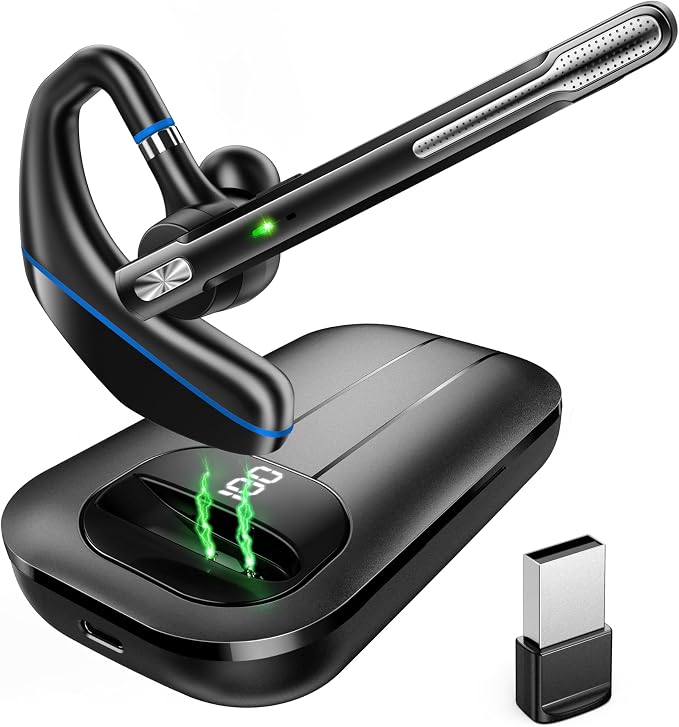 EKVANBEL Bluetooth Headset V5.3, Wireless Earpiece with 1000mAh Charging Case, 96H Talktime, Hands Free Noise Canceling Headphones with Dual-Mic for Computer Cell Phones Trucker Home Work (Blue)