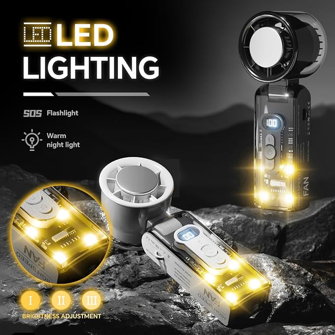 Portable Handheld Fan with Ice Cooler, USB Rechargeable Small Turbo Fan with Cold Air, Foldable Personal Hand Held Fans with Flashlight for Travel/Camping/Outdoor, High Speed Cooling Items