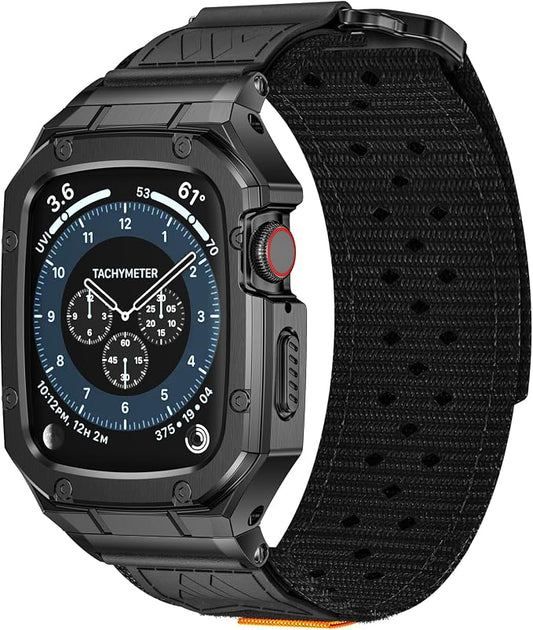 BAITEYOU Band with Case Compatible with Apple Watch Band Series 6 5 4 SE 3 2 1 44mm 42mm, Nylon Strap with Stainless Steel Metal Rugged Case Cover for iwatch Bands for Men