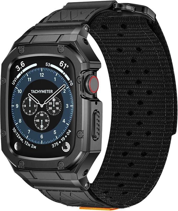 BAITEYOU Band with Case Compatible with Apple Watch Band 45mm Series 9 8 7, Nylon Strap with Stainless Steel Metal Rugged Case Cover for iwatch Bands for Men