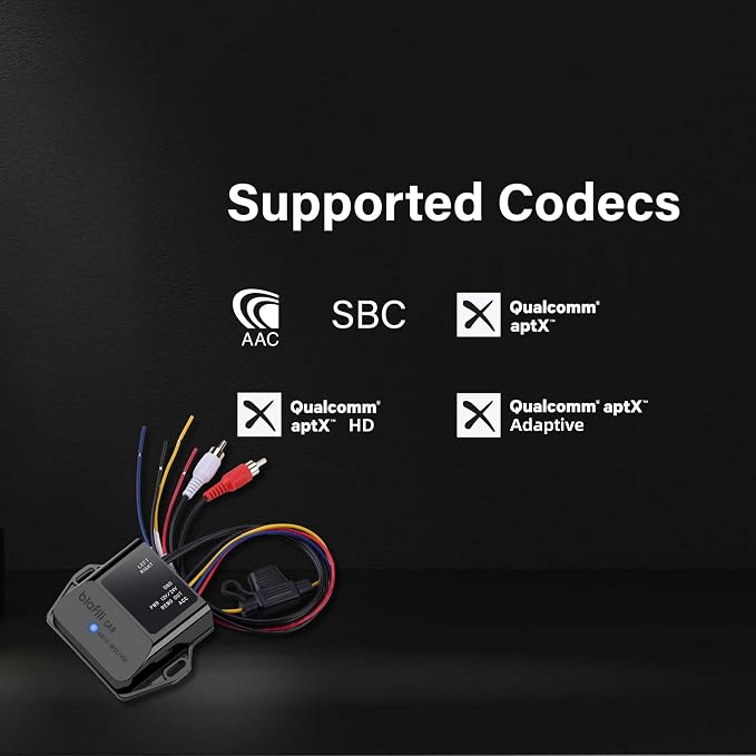 CAR Bluetooth Receiver with RCA Output for Car, Truck & Marine | Bluetooth 5.2, aptX Adaptive HD, 12V 24V compatible, ACC wire required, audio activated remote output, no micphone