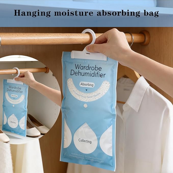 12 in 1 Moisture Absorbers Packets Set, Dehumidifier Bags for Closet, Unscented Hanging Humidity Absorber in Wardrobes, Bedrooms, Bathrooms, Car and More (Capacity 500 Milliliters/Bag;12 Bags)