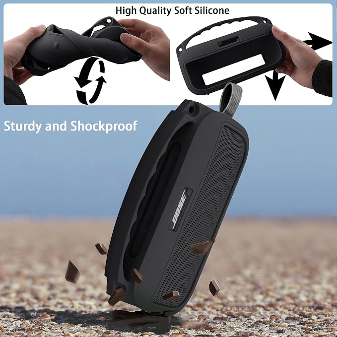 co2CREA Hard Case and Silicone Case Replacement for Bose New SoundLink Flex 2nd Gen/Bose SoundLink Flex Bluetooth Portable Speaker, Protective Case with Carabiner and Shoulder Strap (Black Case)
