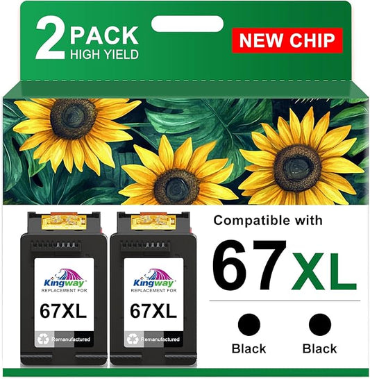 KINGWAY 67XL Ink Cartridge Black Combo Pack Replacement for HP 67 67XL Printers Work for HP DeskJet 2700 2752 2755e 2855e 2800 2742e 4155e 4255e 4100 Envy 6055e 6000 6455e 6400 6458e (2 Pack)
