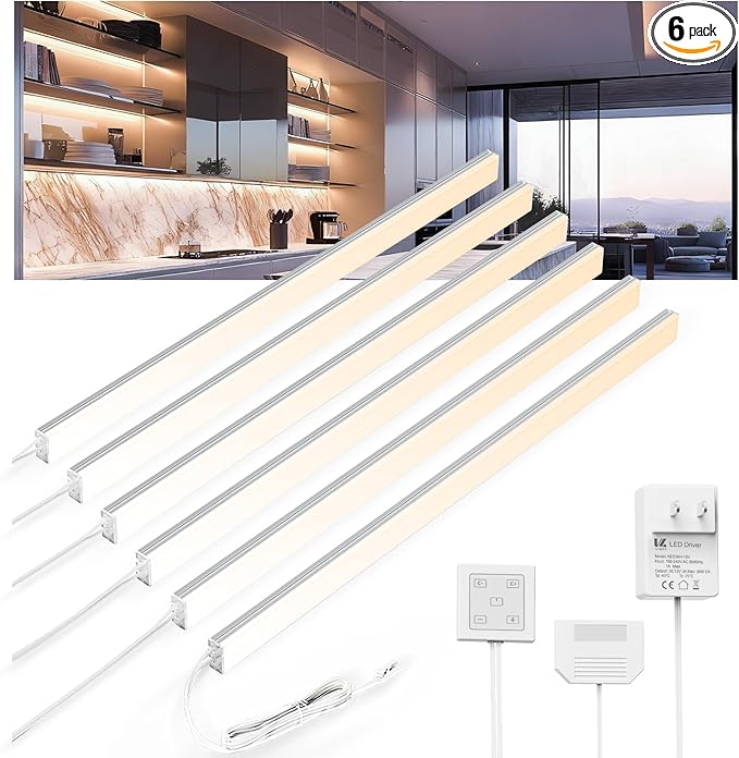 V4light Under Cabinet LED Lighting, 6 Pack Ultra Slim Aluminum Light Bars, Plug-in Kitchen Lights with Touch Dimmer, Dimmable 2700K–6500K, Linkable for Closet, Shelf, Display Cabinet
