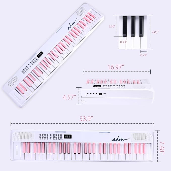 ADM 61 Key Folding Electric Piano Keyboard, Foldable Electronic Keyboard, Wireless 128 Tones, 128 Rhythms Includes Pedal, Gig Bag, Headphones for Beginners, Students, Teenagers, Adults, White