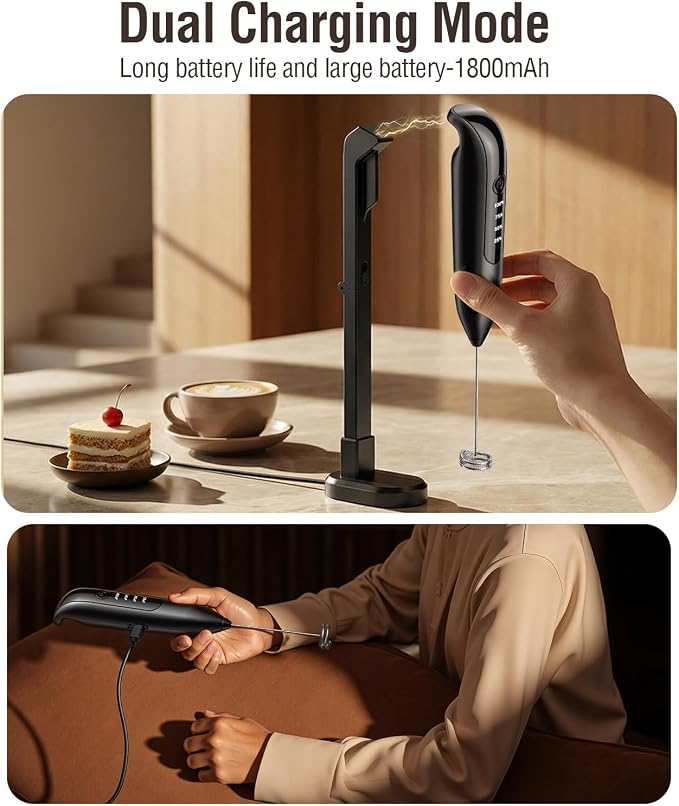 Dynooper Electric Milk Frother Handheld: coffee frother rechargeable 3 in 1 - LED Display, Wireless Charging - 3 Speeds, Stainless Steel Whisk for Latte, Cappuccino - Bright Grey