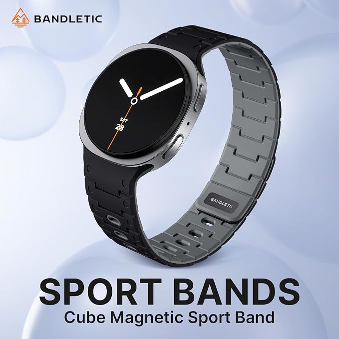 Bandletic Silicone Magnetic Band Compatible with Samsung Galaxy Watch 8 40mm 44mm / 8 Classic 46mm 2025, No Gap Soft Sport Wristbands Breathable Replacement Strap for Men Women, Black/Gray