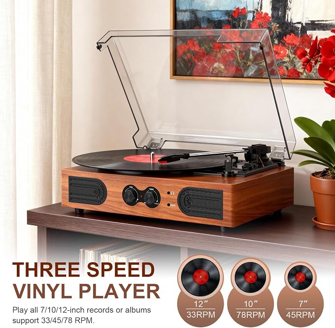Vinyl Record Player with Built-in Stereo Speakers, 3-Speed Belt-Drive Turntable, Treble & Bass Control, RCA-Out/AUX-in, Headphone Jack Vintage LP Player, Red Wood