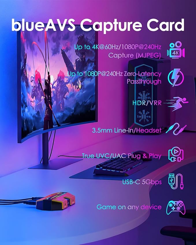 BlueAVS HDMI Video Capture Card for Game Streaming, 4K 60Hz HDR VRR ALLM Passthrough, 1080P 240Hz, USB-C External Capture Card for PS5, Xbox Series X/S, Switch, Compatible with PC Mac, OBS Streamlabs